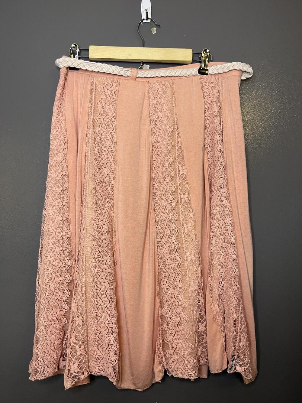 Lapis Skirt Womens 1X Pink Lace Panel Flare Midi Lined Elastic Waist Belted Boho - Picture 4 of 7